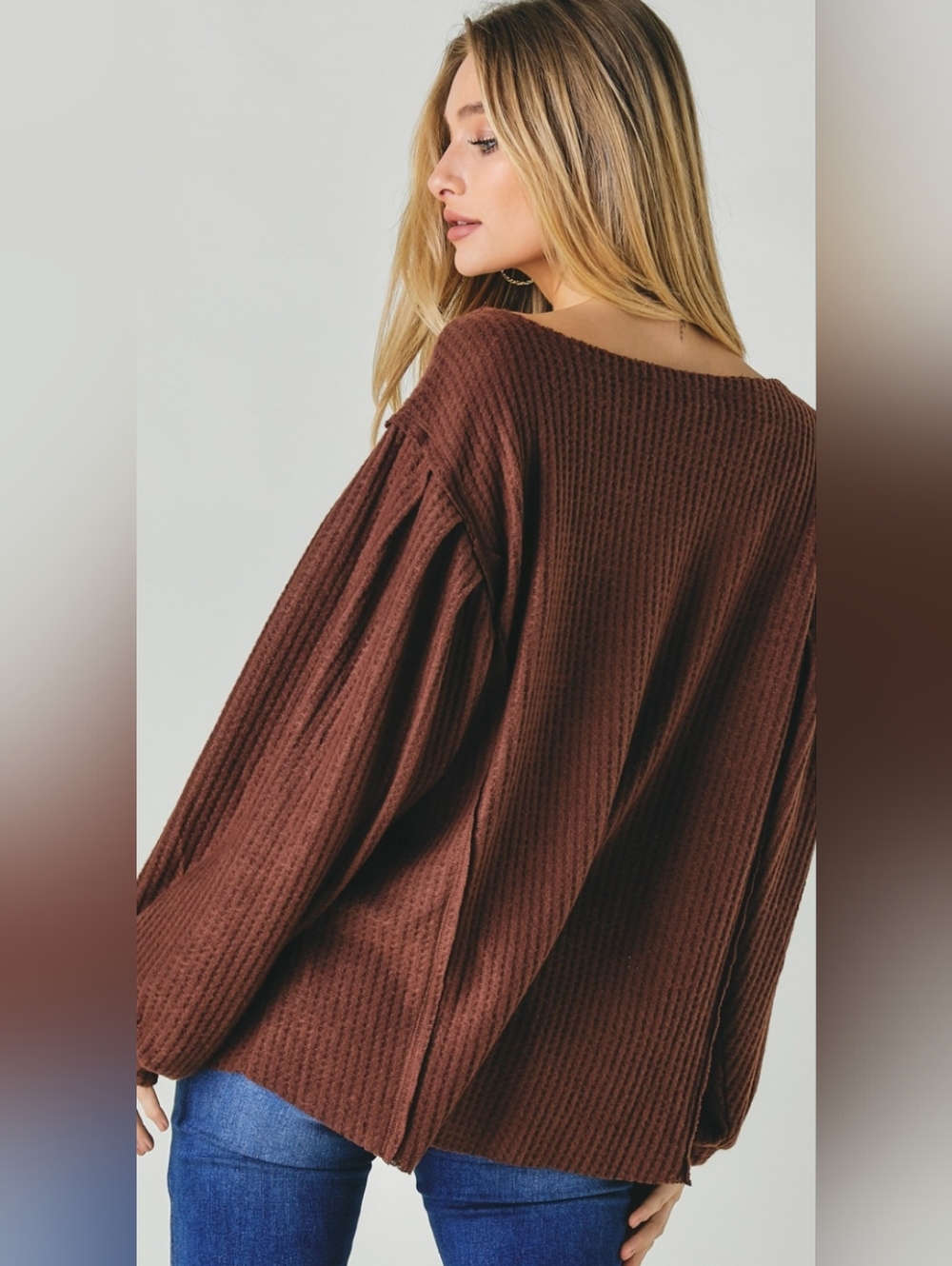 Davi & Dani Women’s Large Brown Textured Knit Top Balloon Sleeve Boho Pullover - Picture 3 of 6